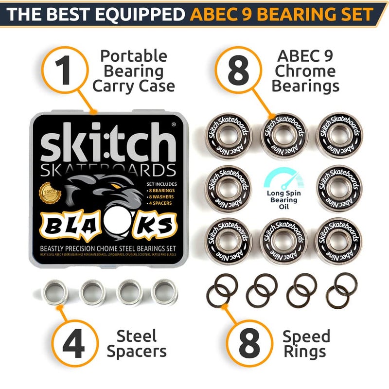 SKITCH Precision Fast Spin Bearings Set | 8 Pack 608 2RS ABEC 9 Chrome Steel Deep Groove Ball Bearing Set for Skateboards, Longboards, Inline Skates, Scooters | + Washers + Spacers | 8mm x 22mm x 7mm - Image 3